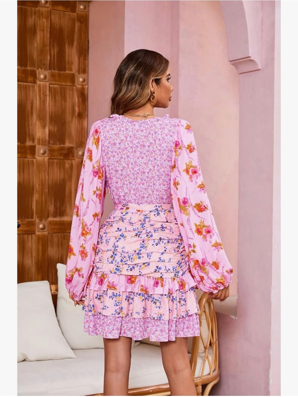 Pink Ripple Summer Long Sleeve Boh Floral V Neck Layered Ruffle Patchwork Size M